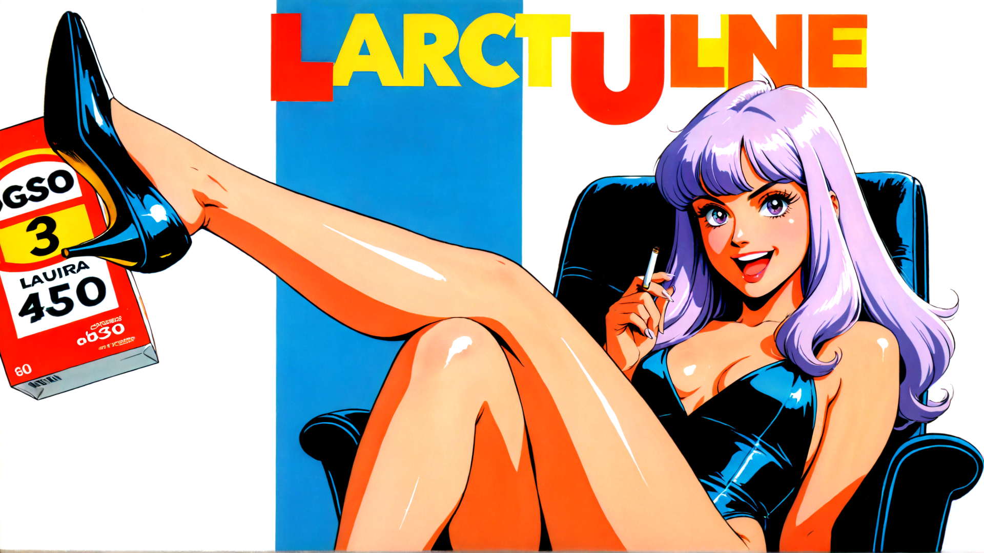 AI generated wallpaper featuring woman, high heels, cigarette, cigarette pack, chair