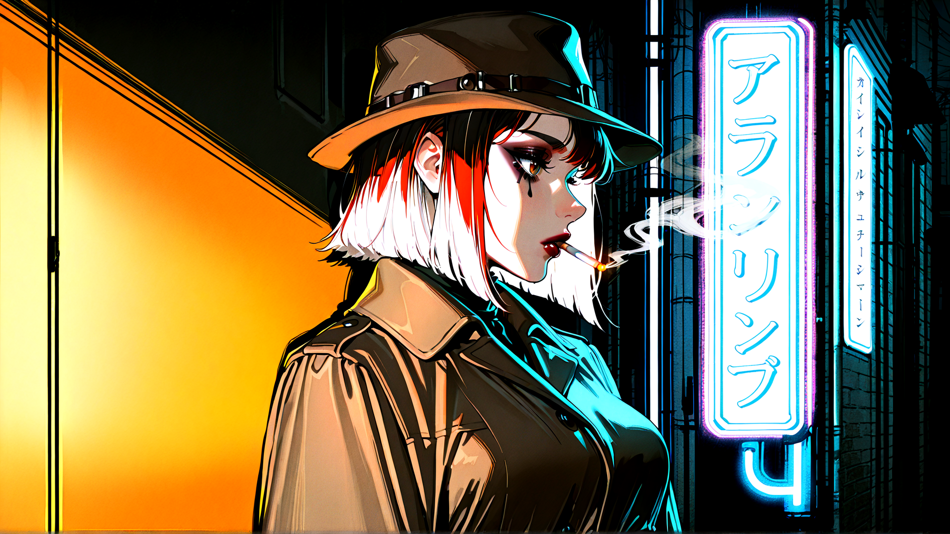 AI generated wallpaper featuring woman, neon sign, hat, cigarette, city street