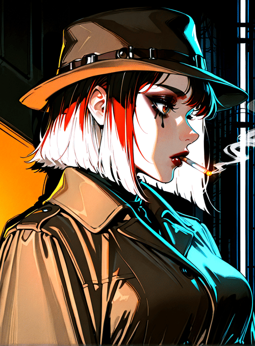 woman, neon sign, hat, cigarette, city street