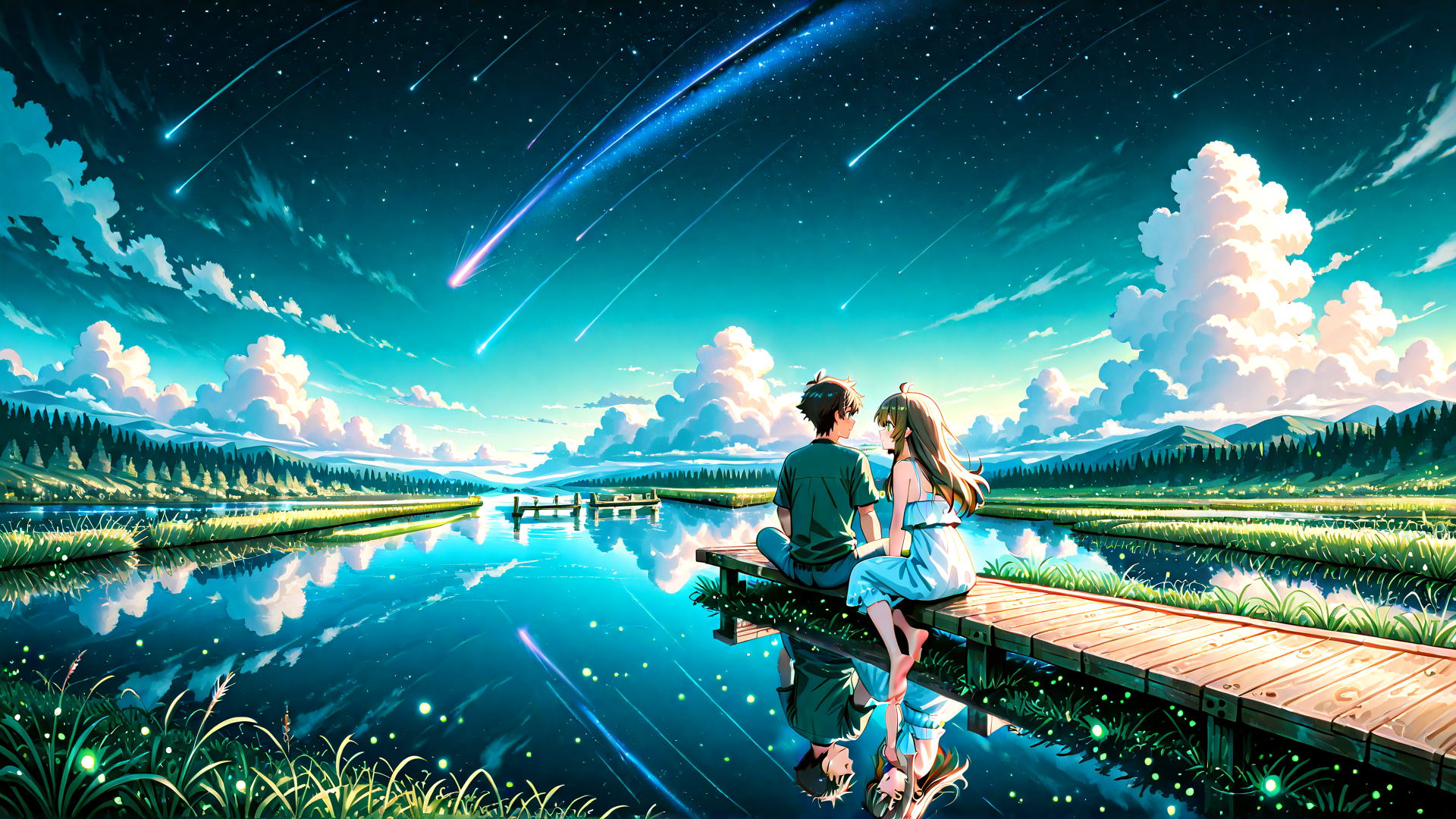AI generated wallpaper featuring couple, lake, stars, comet, clouds, mountains, bridge, grass, fireflies, water