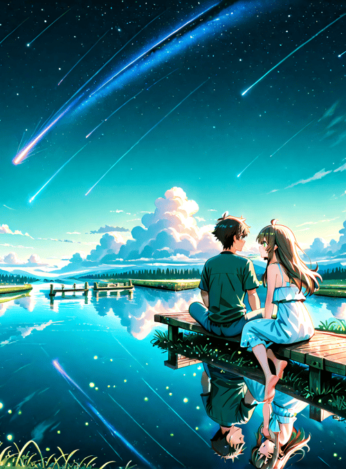 couple, lake, stars, comet, clouds, mountains, bridge, grass, fireflies, water