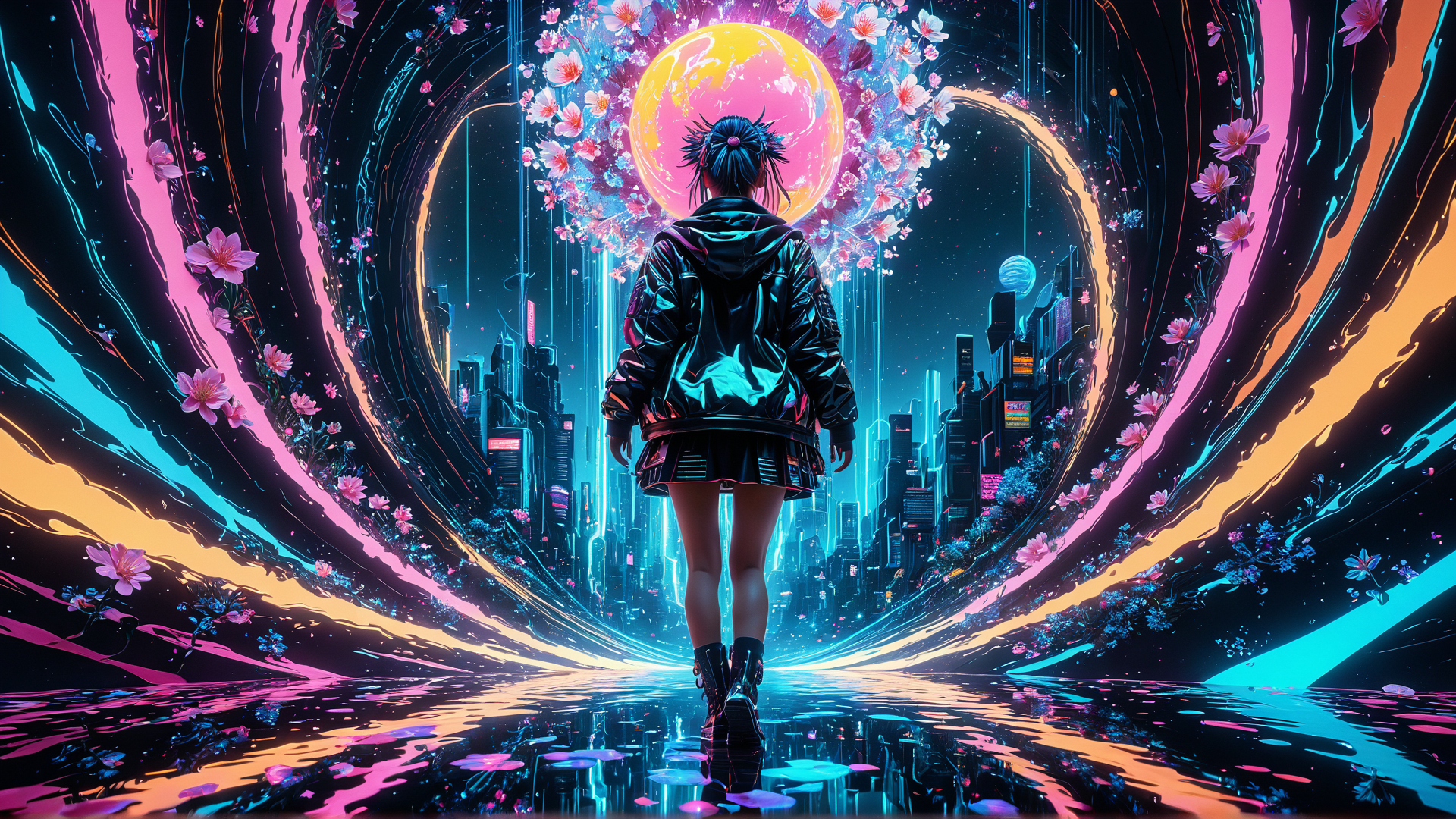 AI generated wallpaper featuring girl, city, flowers