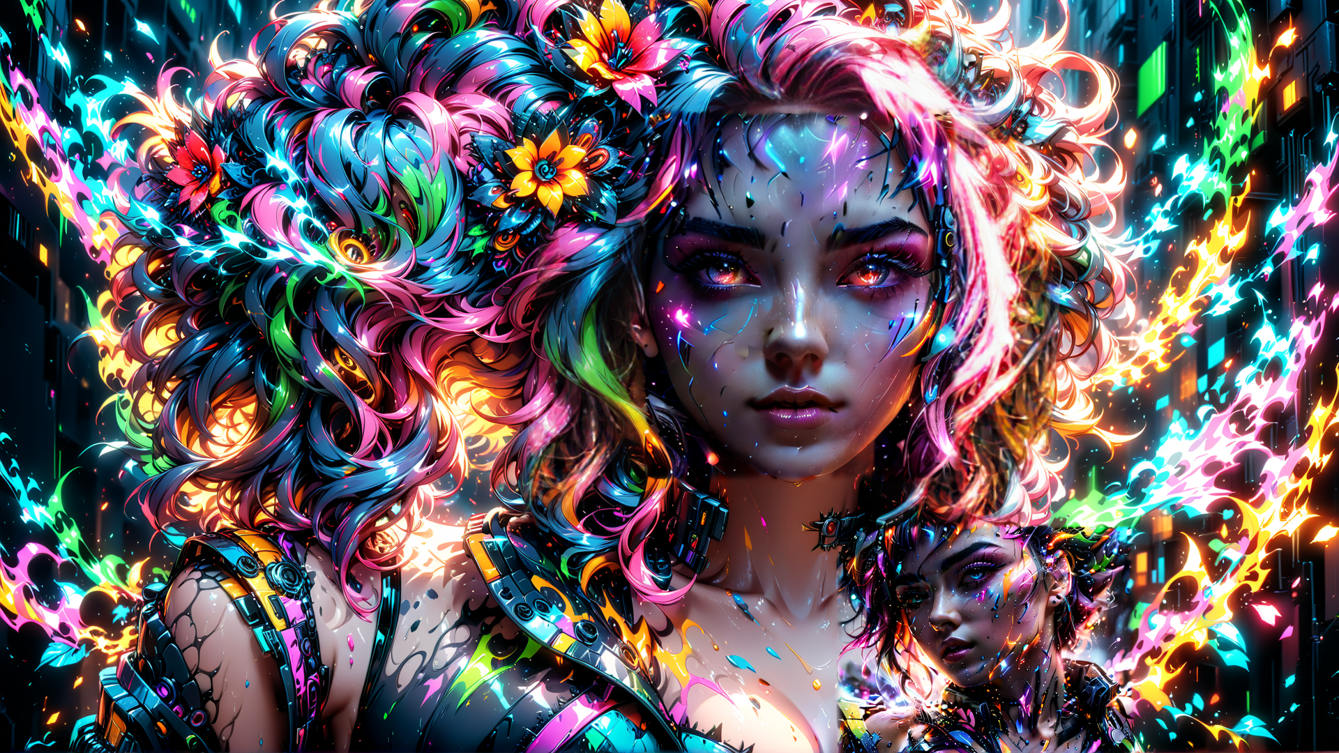 AI generated wallpaper featuring woman, flowers, cyberpunk