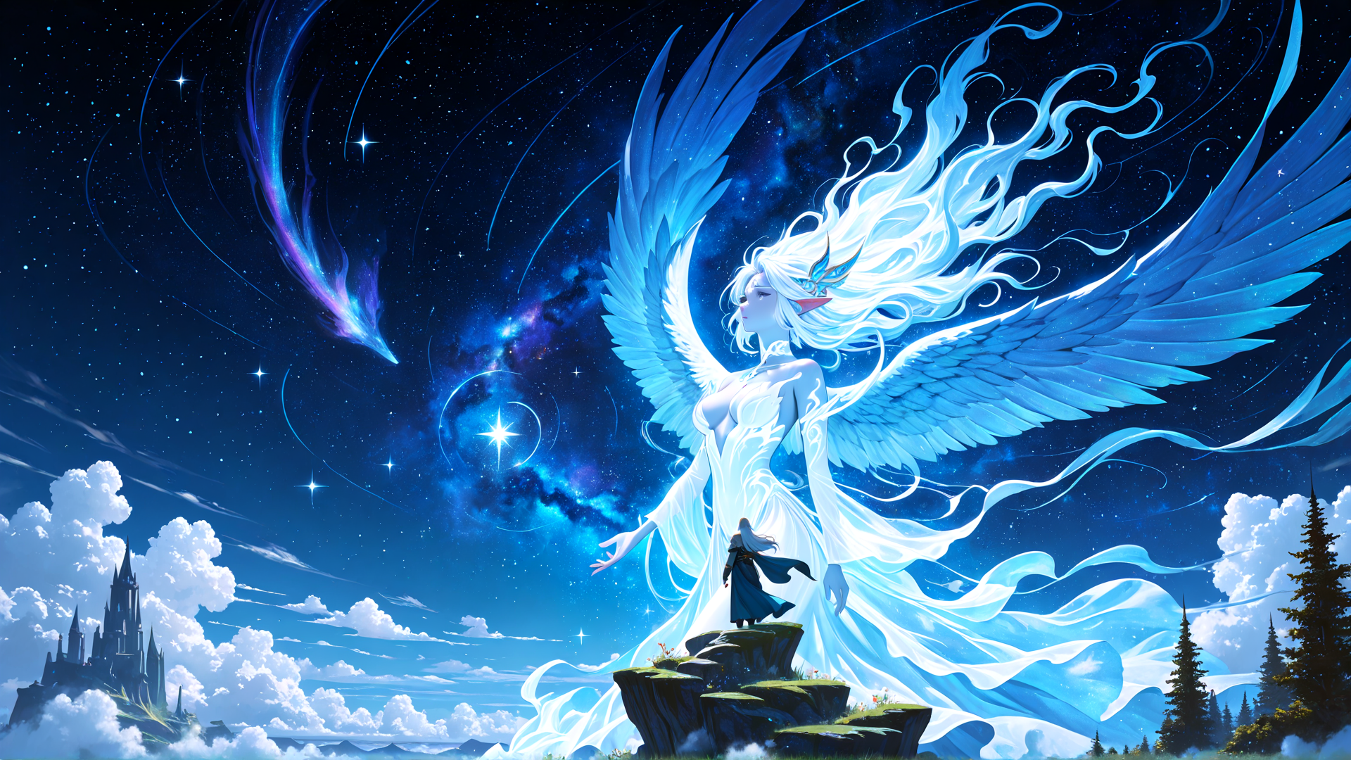 AI generated wallpaper featuring angel, elf, castle, cloud, star, moon, wing, dress, person, nature
