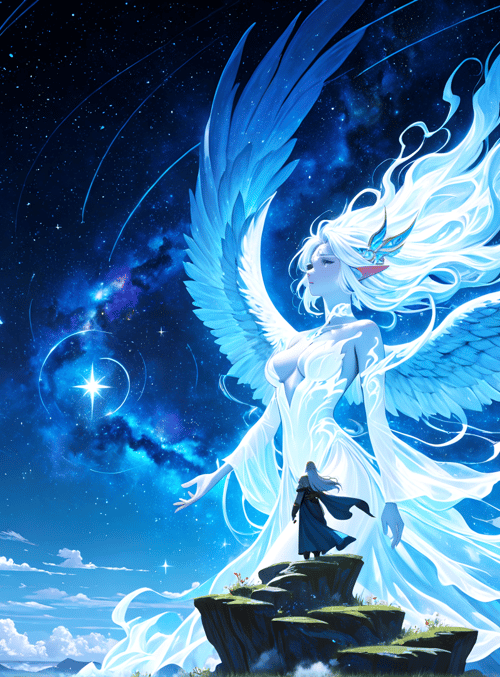 angel, elf, castle, cloud, star, moon, wing, dress, person, nature