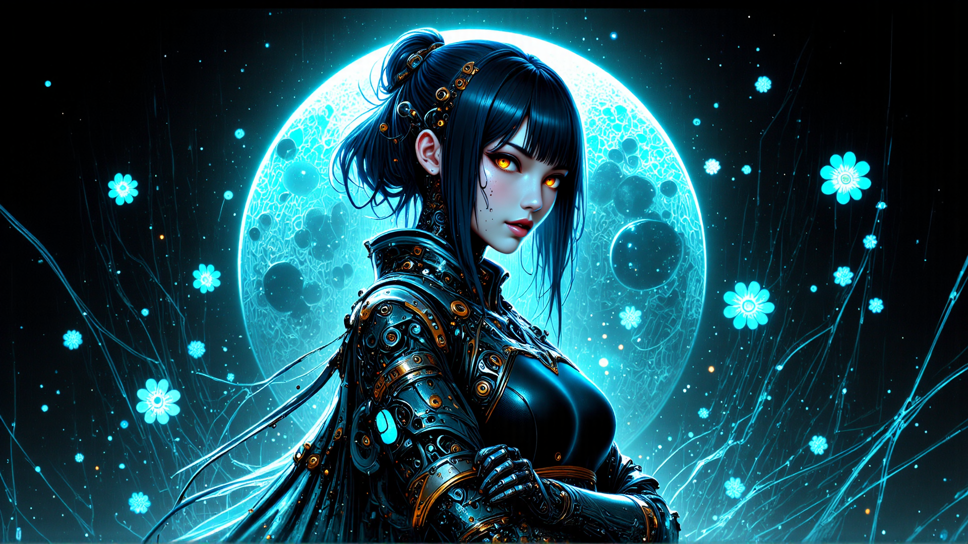 AI generated wallpaper featuring woman, mechanical armor, moon, flowers, neon, surreal, cyberpunk, futuristic, digital art, glowing