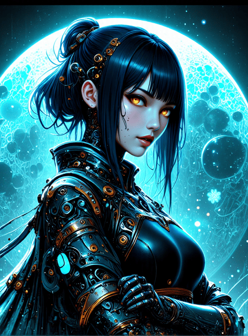 woman, mechanical armor, moon, flowers, neon, surreal, cyberpunk, futuristic, digital art, glowing