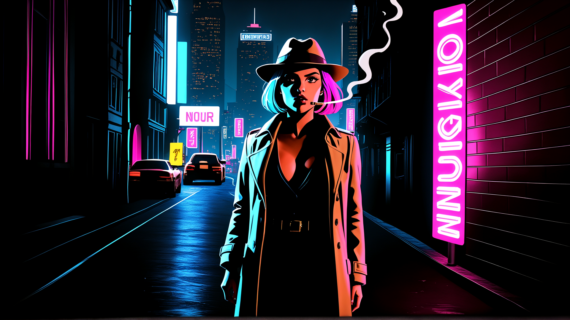 AI generated wallpaper featuring woman, city, neon, street, sign, car, hat
