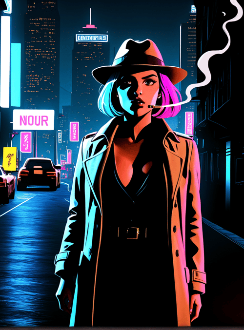 woman, city, neon, street, sign, car, hat