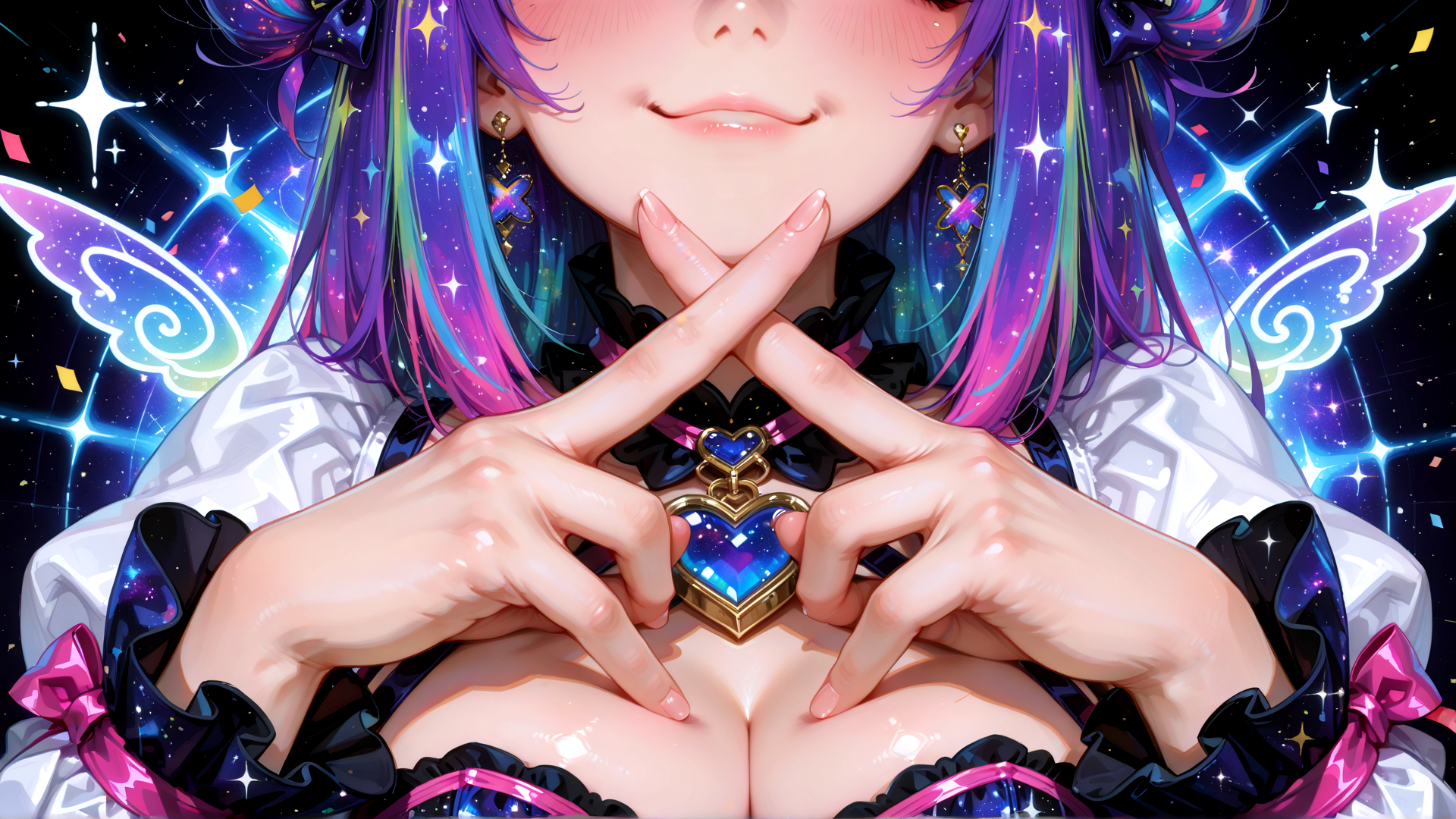 AI generated wallpaper featuring fairy, girl, angel, wings, heart, hands, necklace, hair, ears, stars