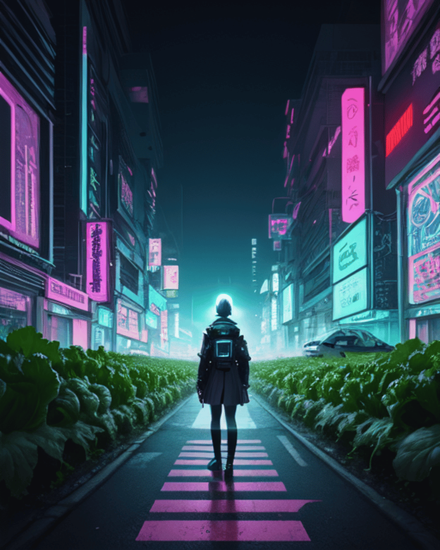 AI generated wallpaper featuring person, city, neon, sign, car, plants, road, building, backpack, sweater