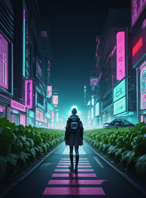 person, city, neon, sign, car, plants, road, building, backpack, sweater