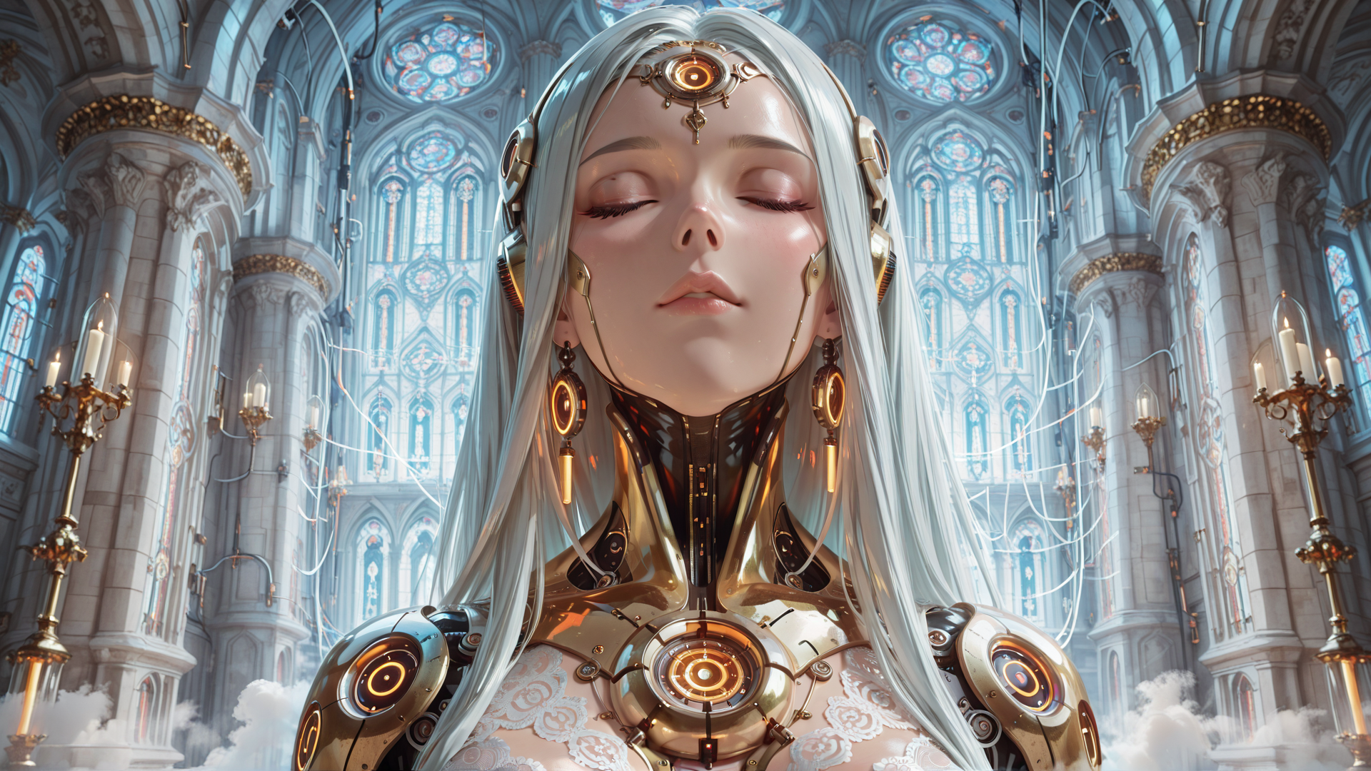 AI generated wallpaper featuring cyborg, girl, cathedral, stained glass, candle, mechanical, robot, headdress, hair, cloud