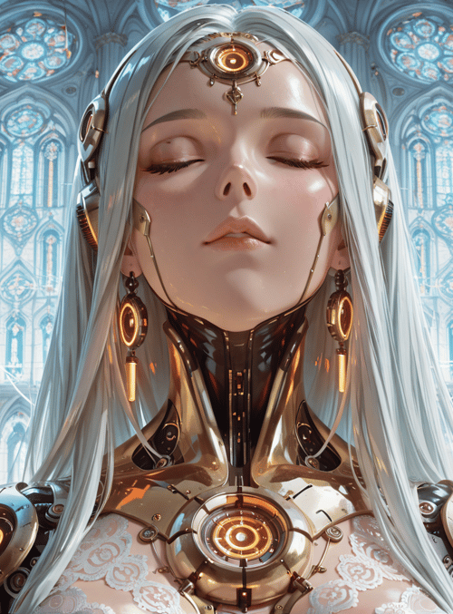 cyborg, girl, cathedral, stained glass, candle, mechanical, robot, headdress, hair, cloud