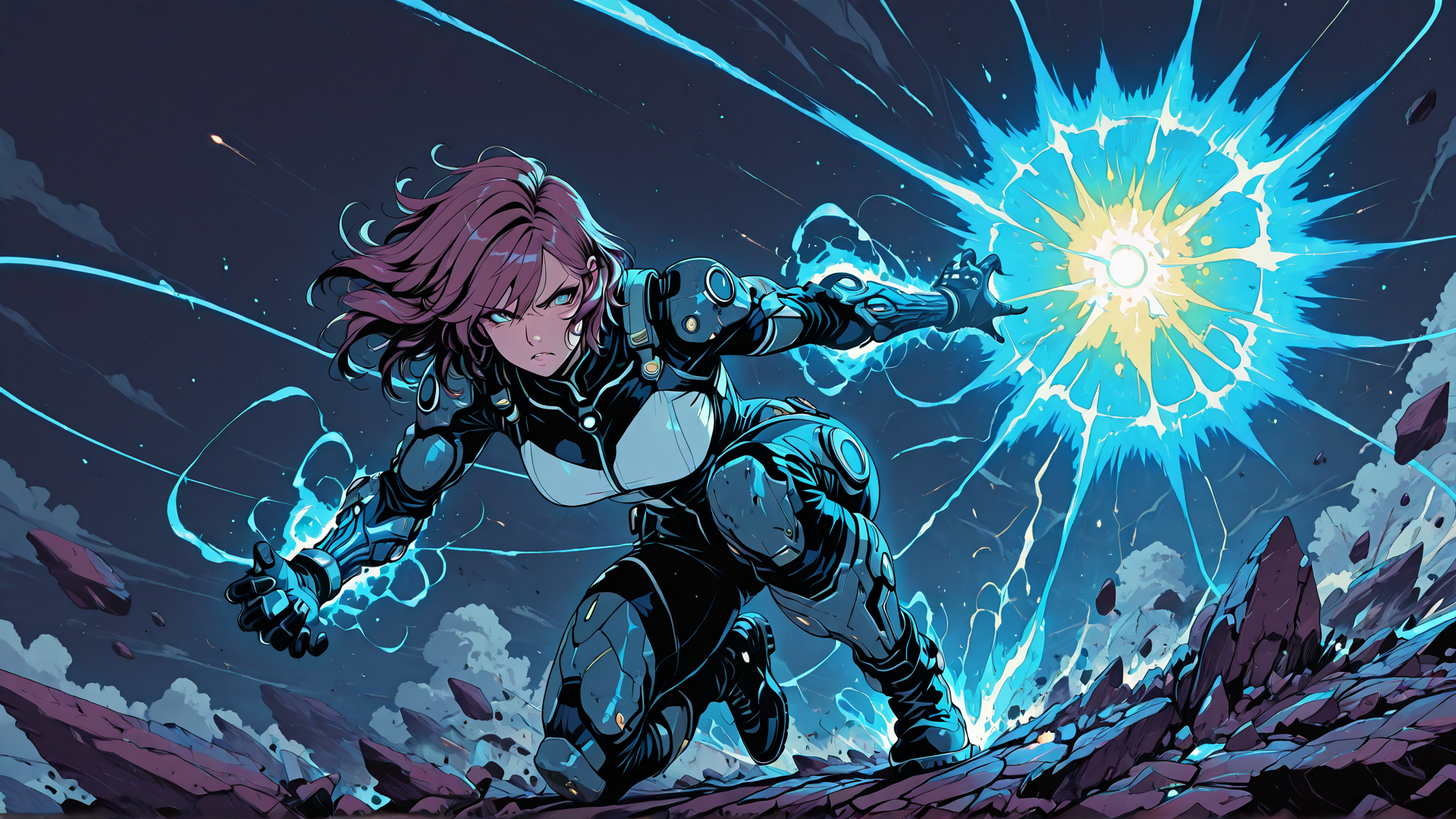 AI generated wallpaper featuring woman, robotic armor, energy blast, crystals, space