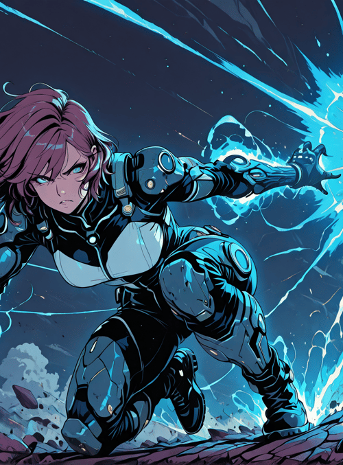 woman, robotic armor, energy blast, crystals, space