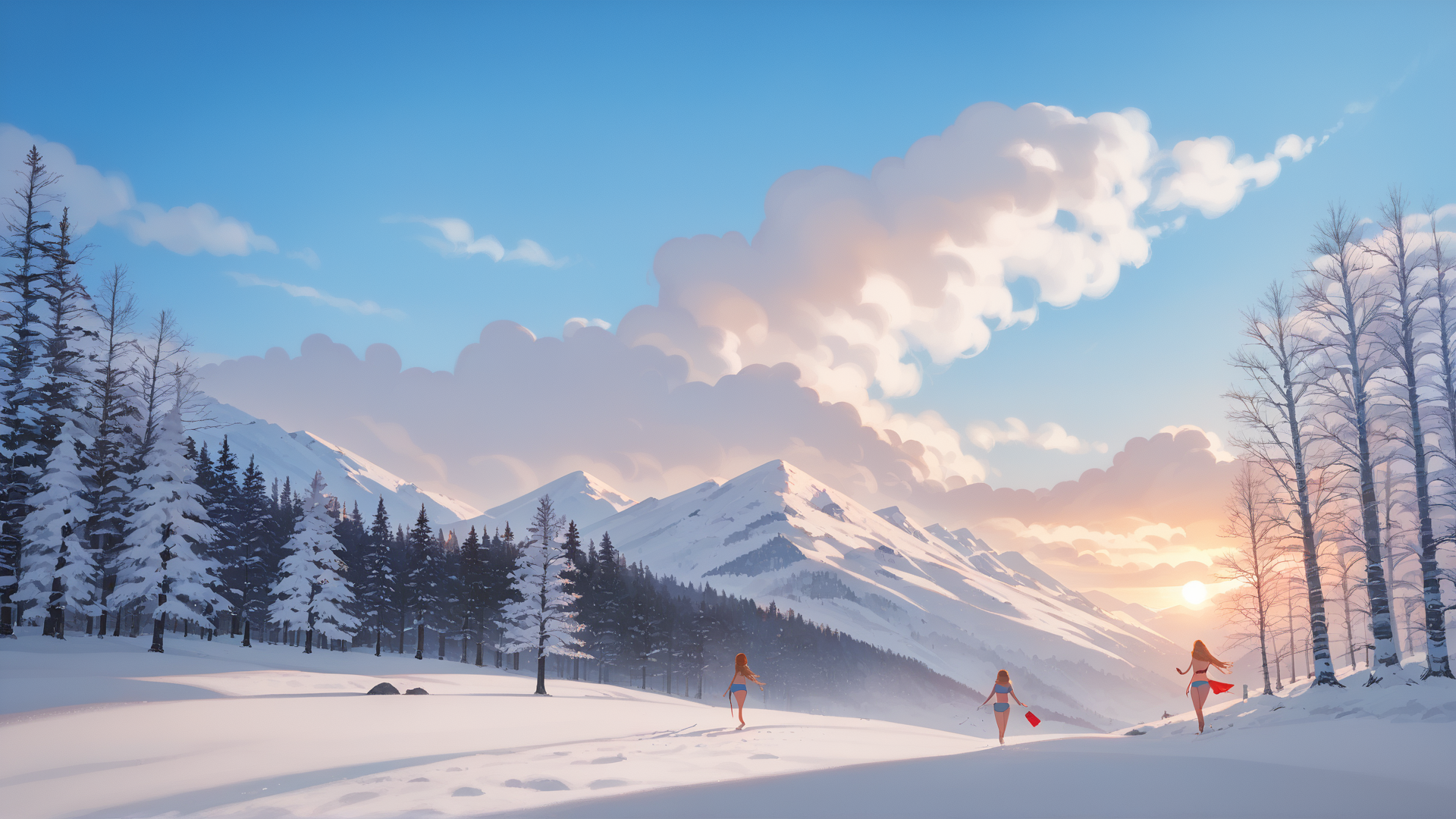 AI generated wallpaper featuring women, snow, mountains, trees, sun, clouds, sky