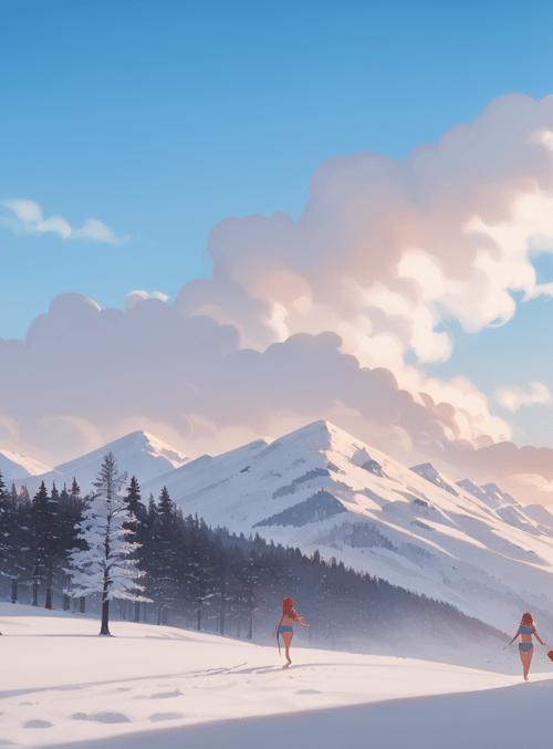 women, snow, mountains, trees, sun, clouds, sky