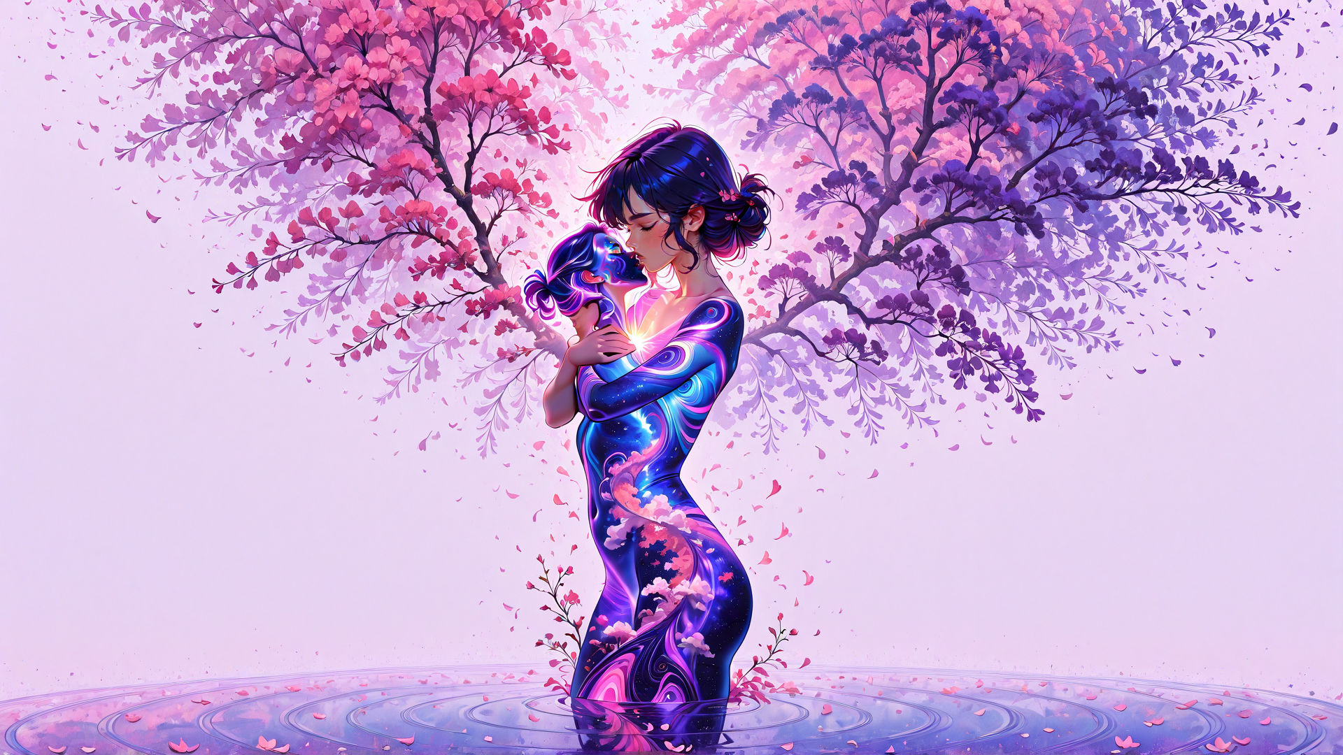 AI generated wallpaper featuring woman, child, trees, water