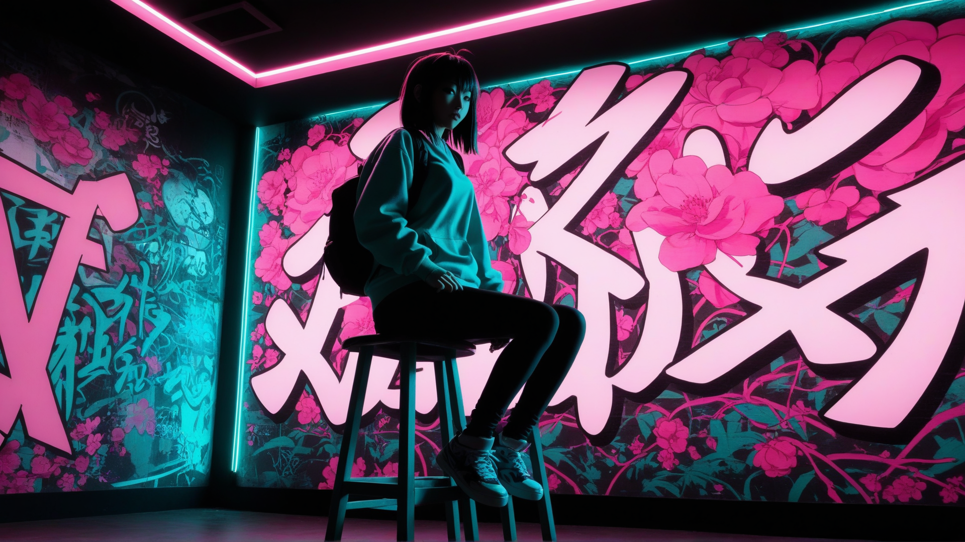 AI generated wallpaper featuring person, graffiti, flowers