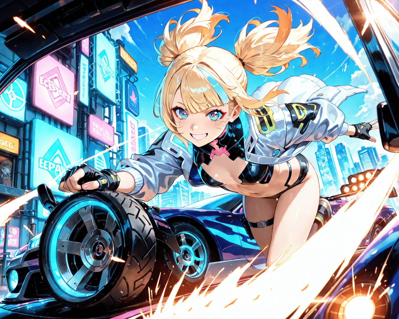AI generated wallpaper featuring girl, car, city