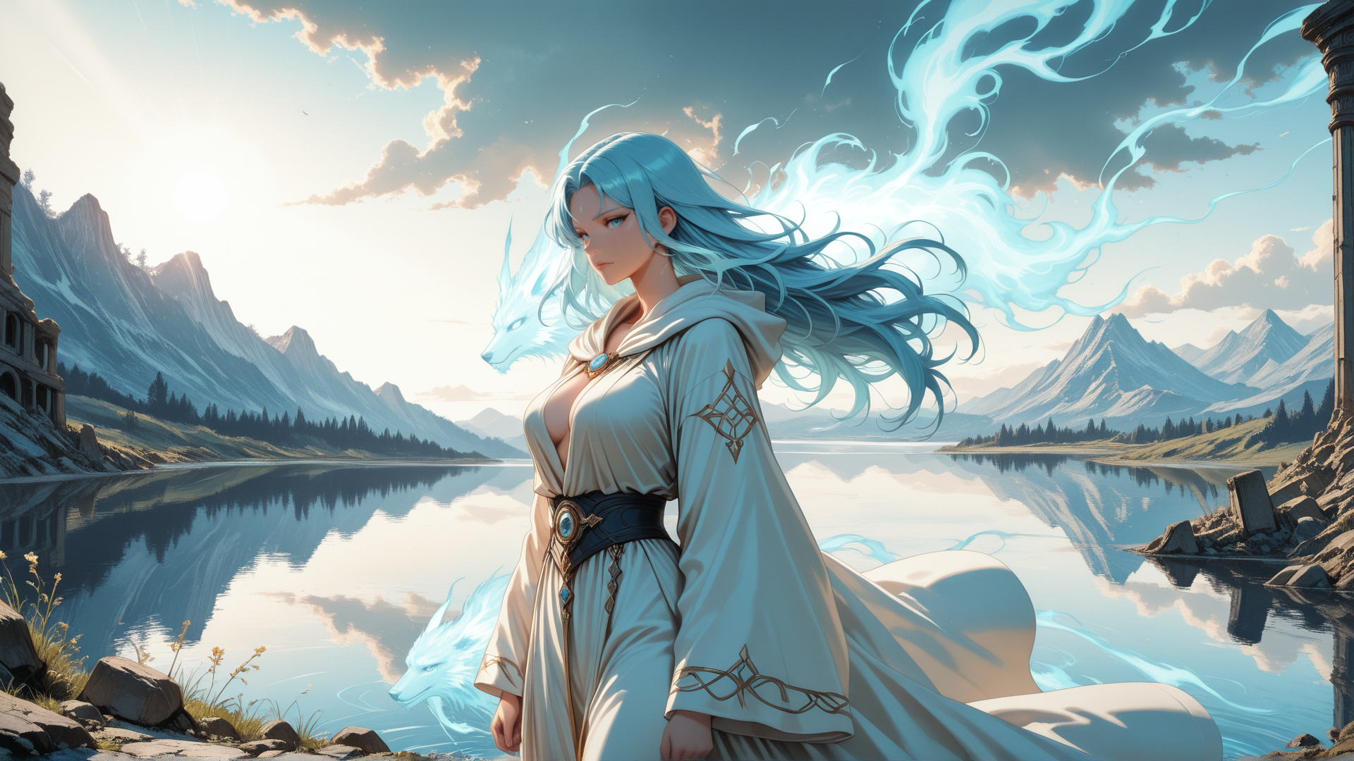 AI generated wallpaper featuring woman, fox, mountain, lake, cloud, ruins