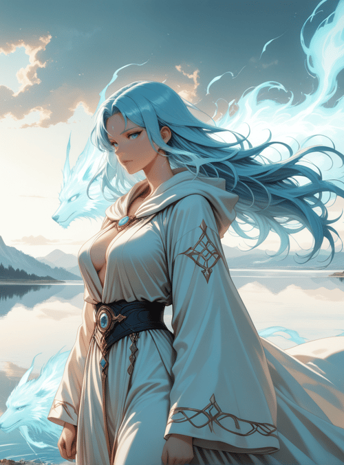 woman, fox, mountain, lake, cloud, ruins
