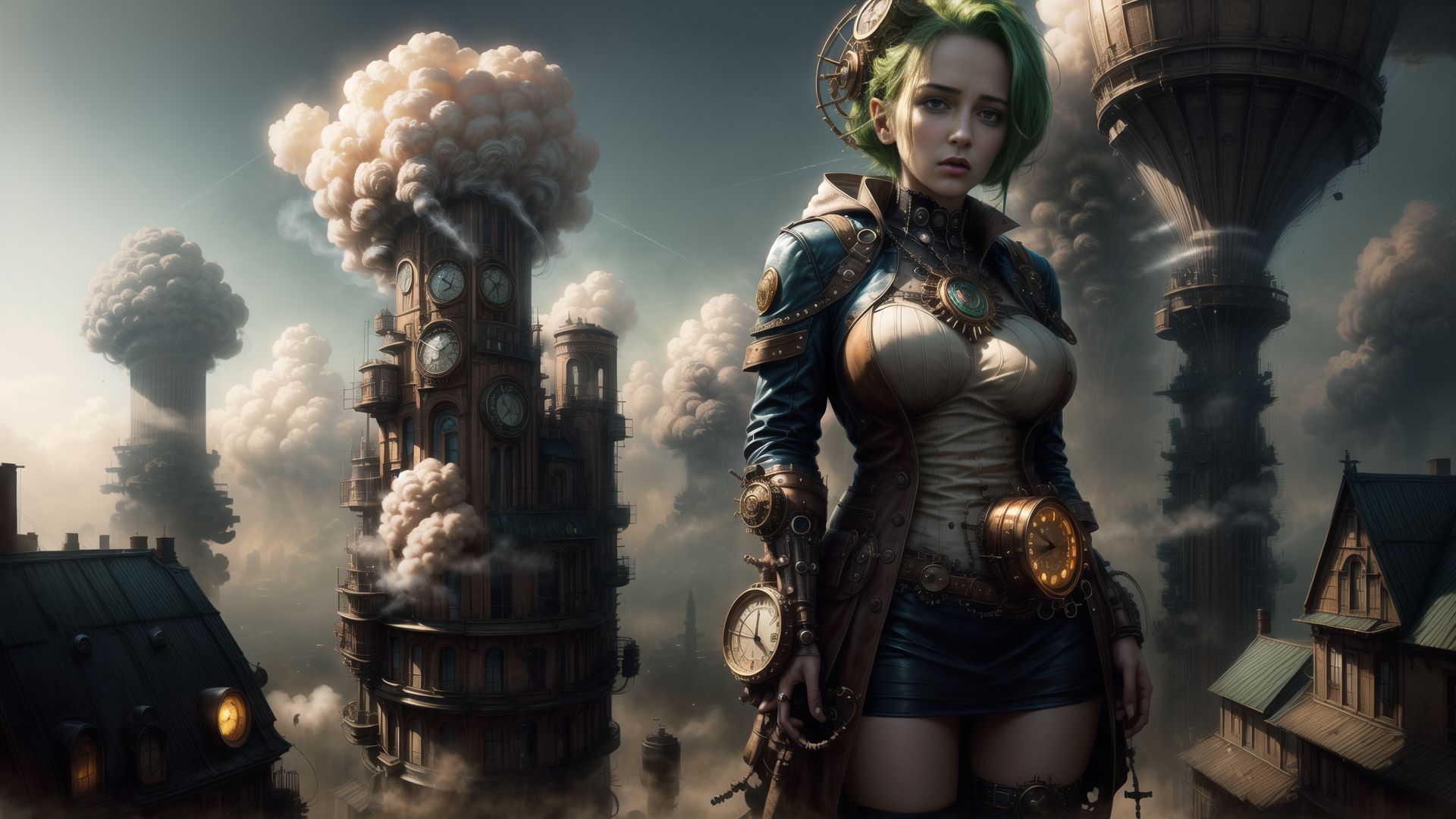 AI generated wallpaper featuring woman, steampunk, clocktower