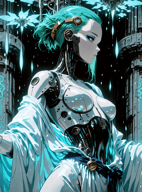 robot, cyborg, futuristic, architectural, tower, flower, cathedral, mechanism, gears, glowing