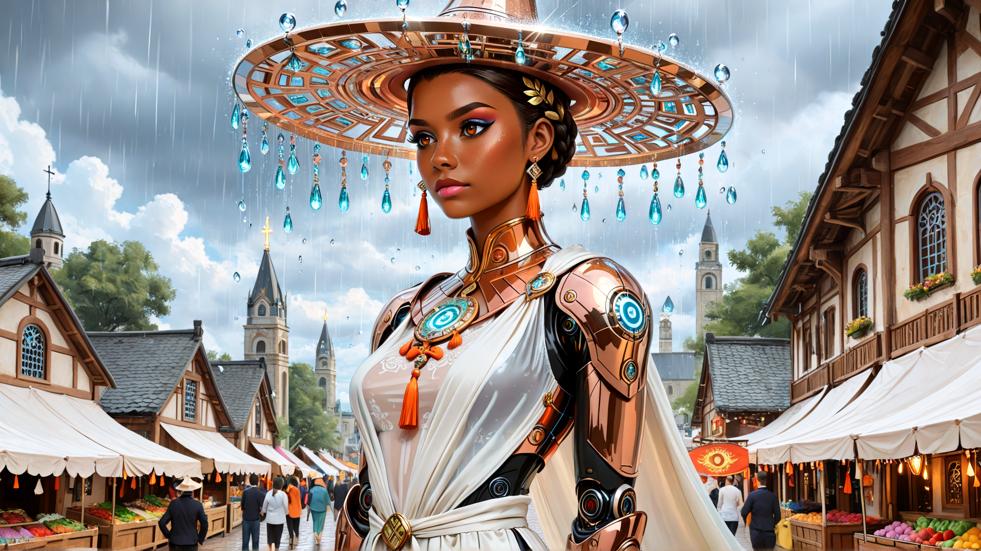 AI generated wallpaper featuring woman, hat, market, building, chapel, street, people, marketplace, bells, jewelry