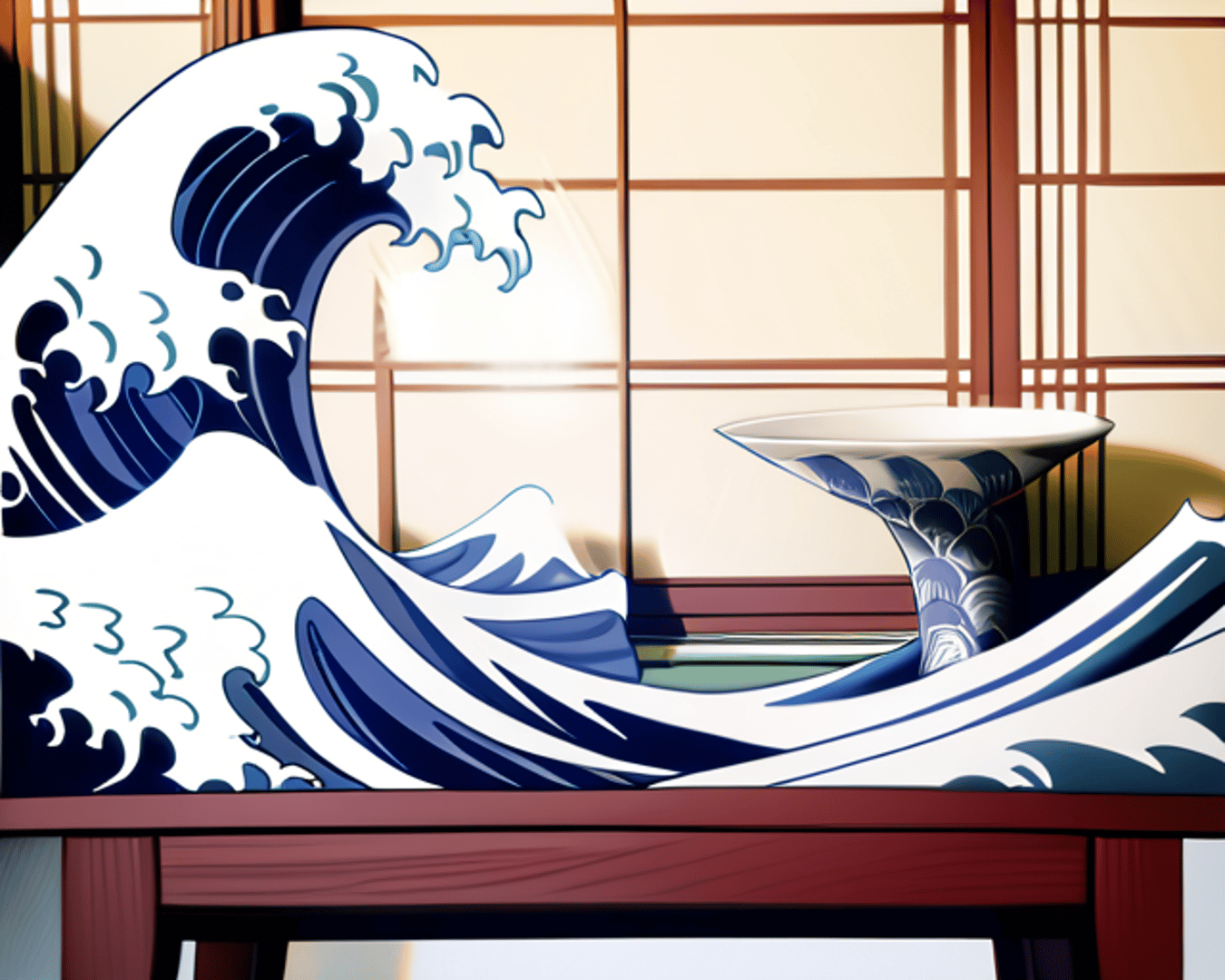 AI generated wallpaper featuring wave, vase, room