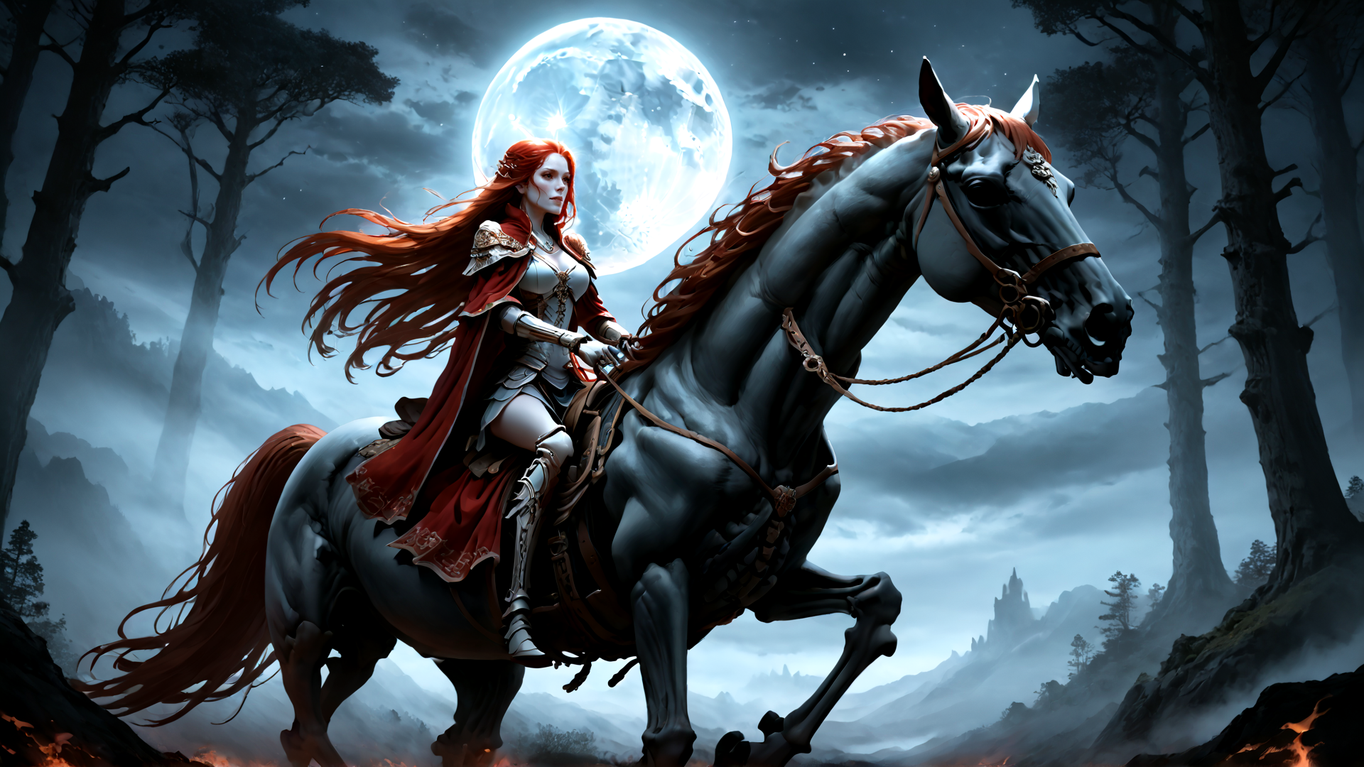 AI generated wallpaper featuring woman, horse, forest, moon, armor, cape