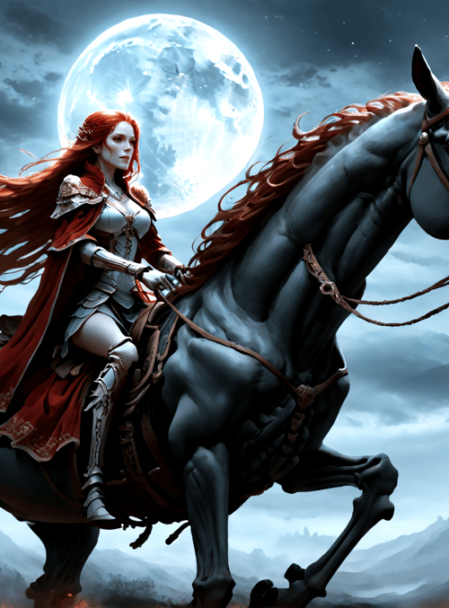 woman, horse, forest, moon, armor, cape