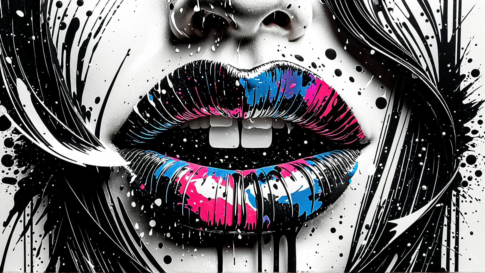 AI generated wallpaper featuring lips, face, mouth, nose, splotches