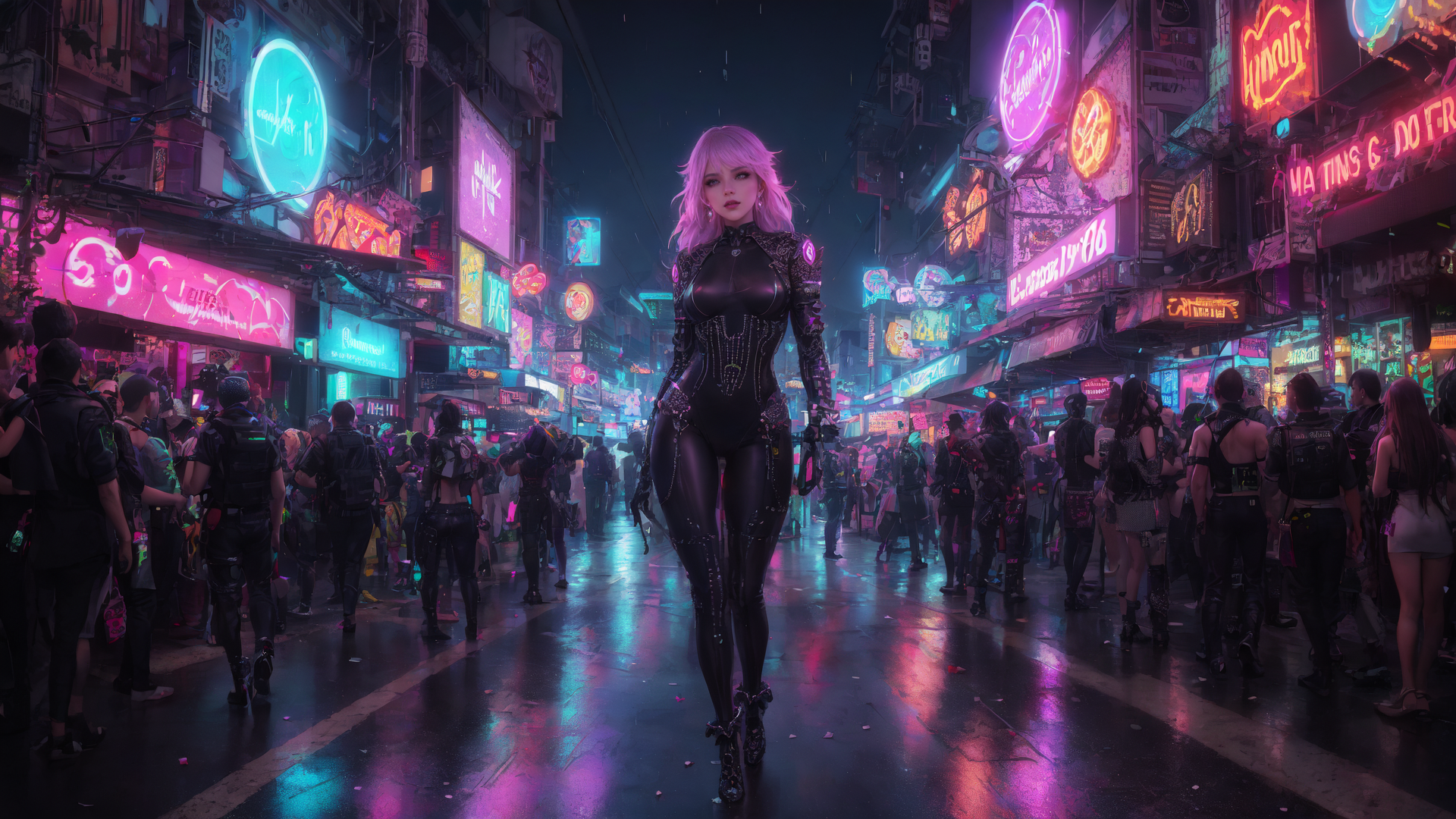AI generated wallpaper featuring cyborg, woman, street