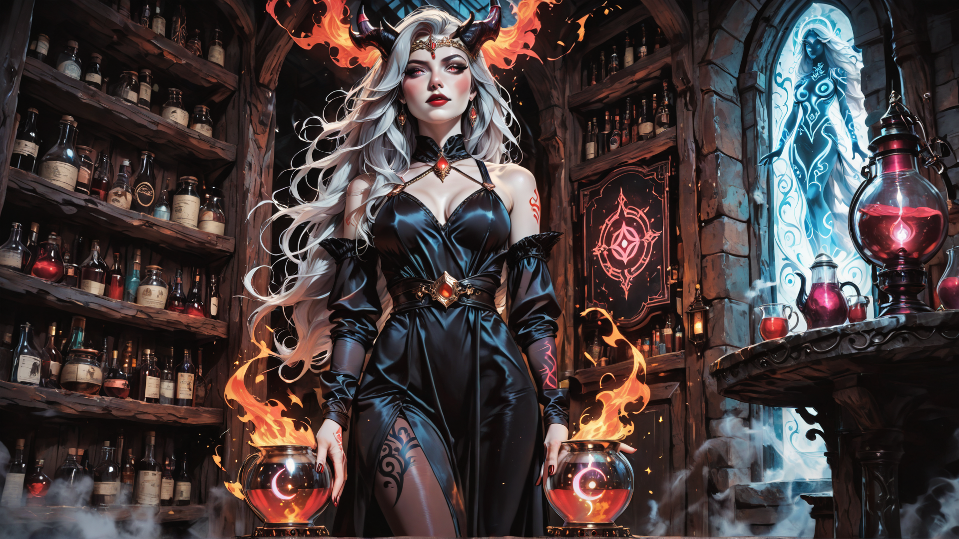 AI generated wallpaper featuring woman, witch, bottles, cauldron, fire, window, lantern