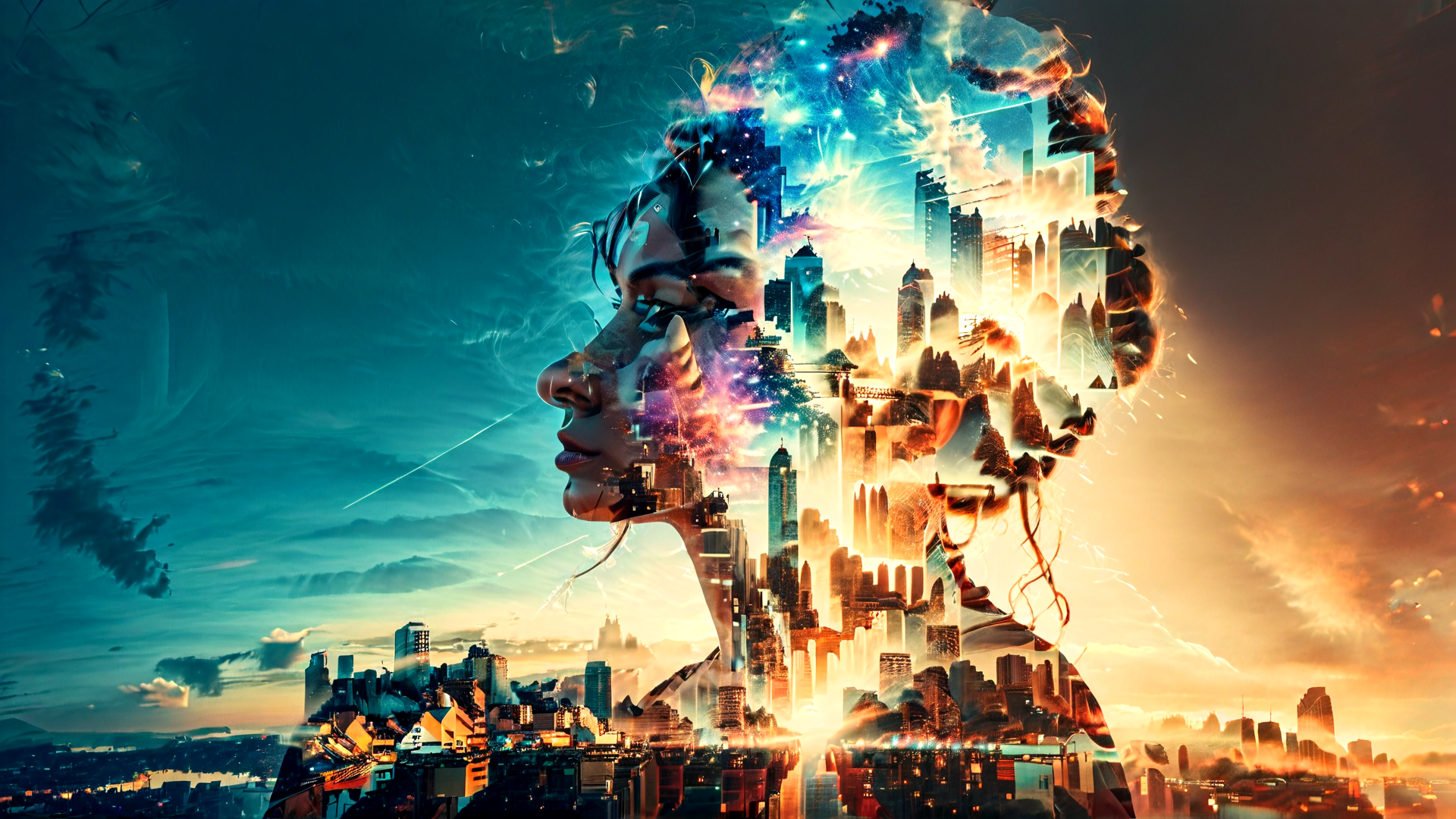 AI generated wallpaper featuring cityscape, silhouette, abstract, woman, buildings