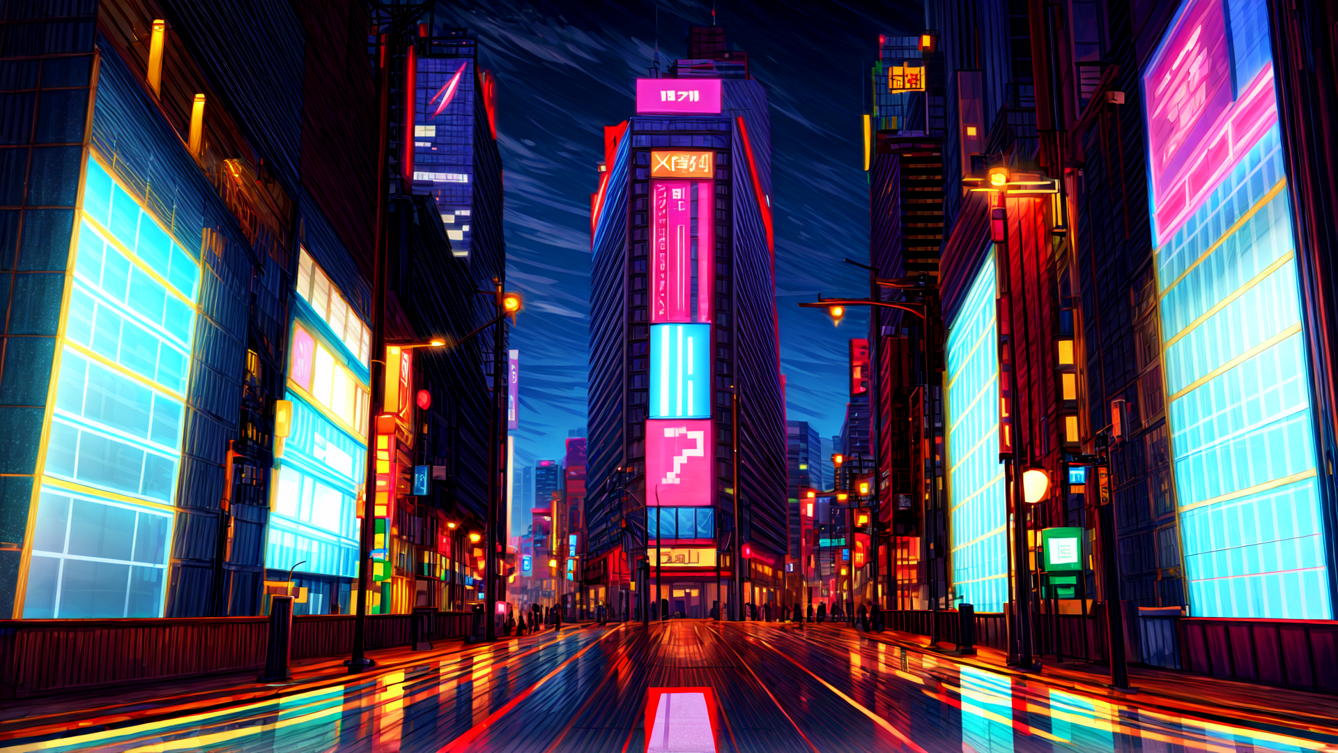 AI generated wallpaper featuring city, buildings, neon signs, street, skyscrapers, roads, lanterns, signboards, people, vehicles