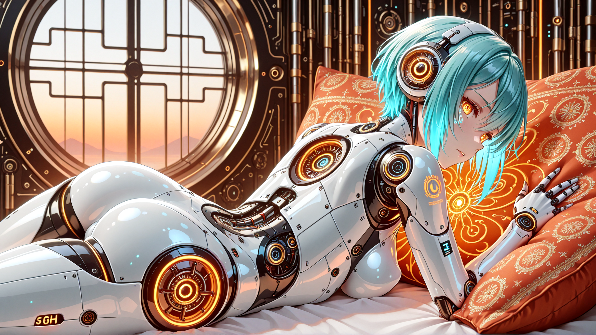 AI generated wallpaper featuring robot, anime girl, pillow, bed, headphones, mechanical arm