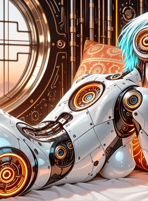 robot, anime girl, pillow, bed, headphones, mechanical arm