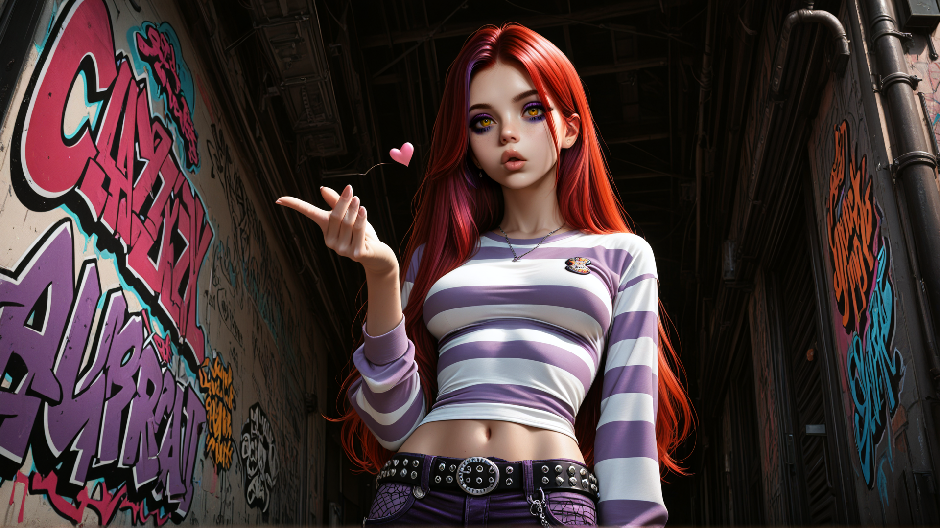 AI generated wallpaper featuring girl, graffiti, heart, alley, shirt
