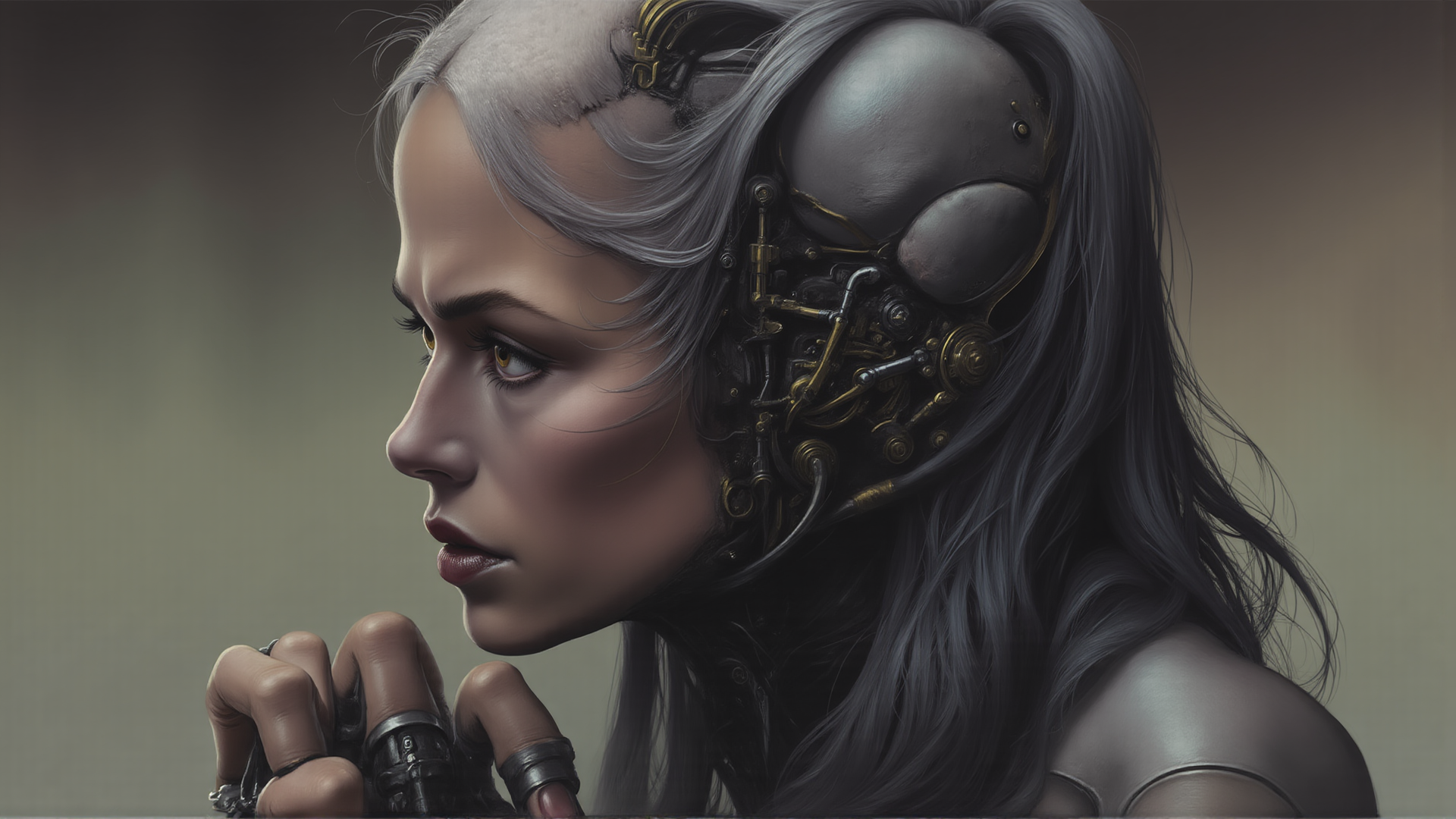 AI generated wallpaper featuring cyborg, woman, robot, mechanical, hair, hands, head, ear, neck, shoulder