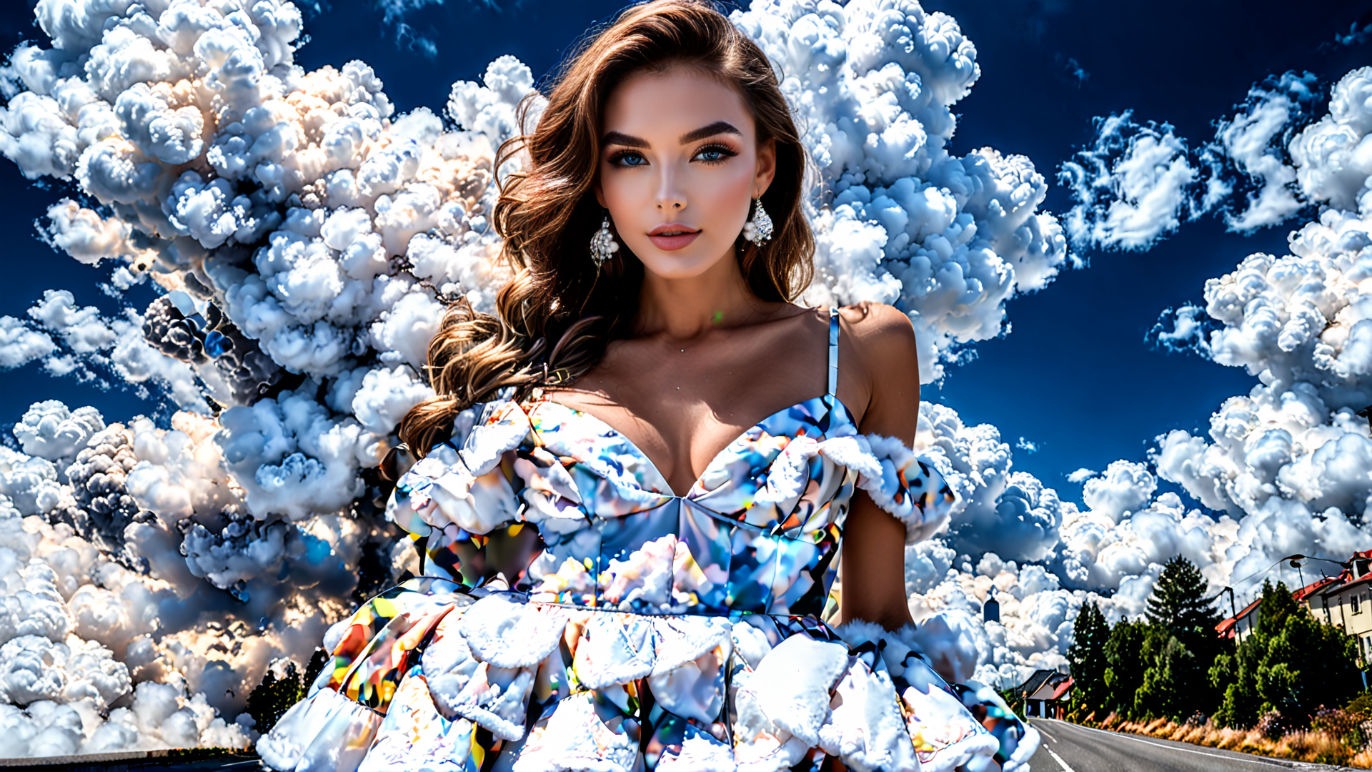 AI generated wallpaper featuring woman, clouds, dress