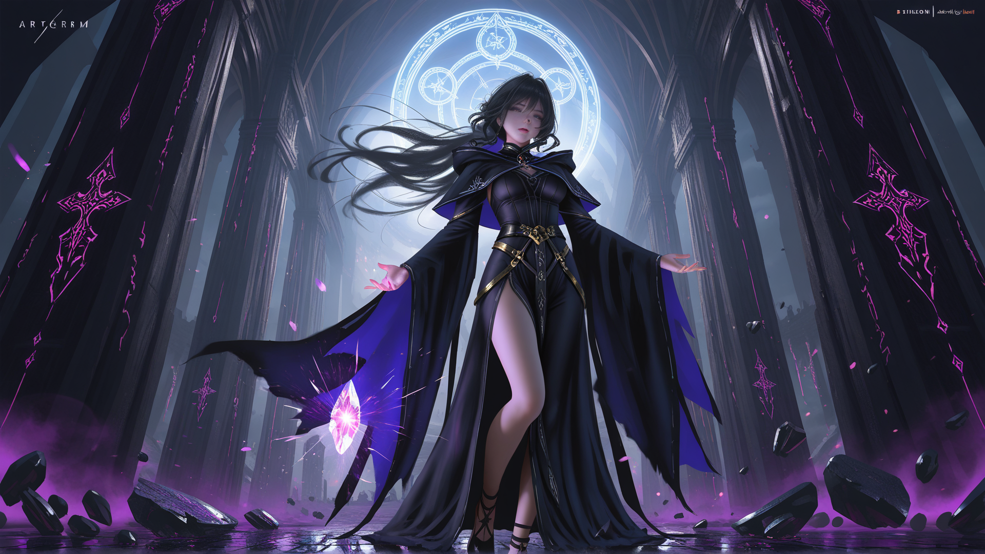 AI generated wallpaper featuring mage, woman, crystal