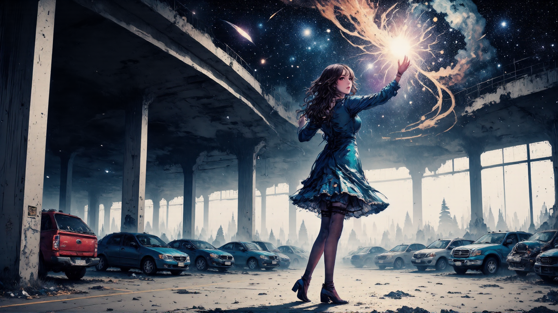 AI generated wallpaper featuring woman, cars, sky