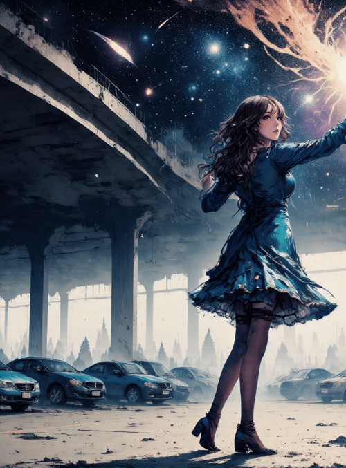 woman, cars, sky