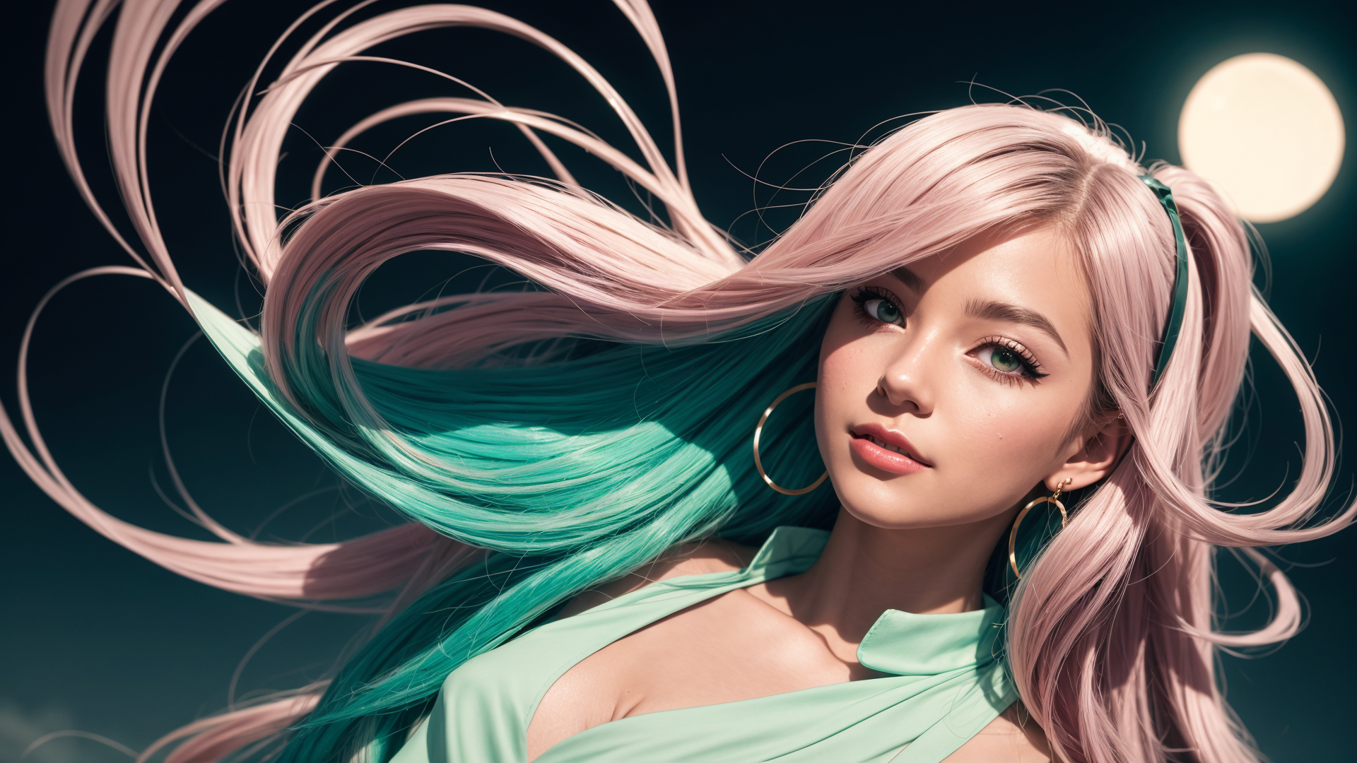 AI generated wallpaper featuring woman, hair, moon, dress