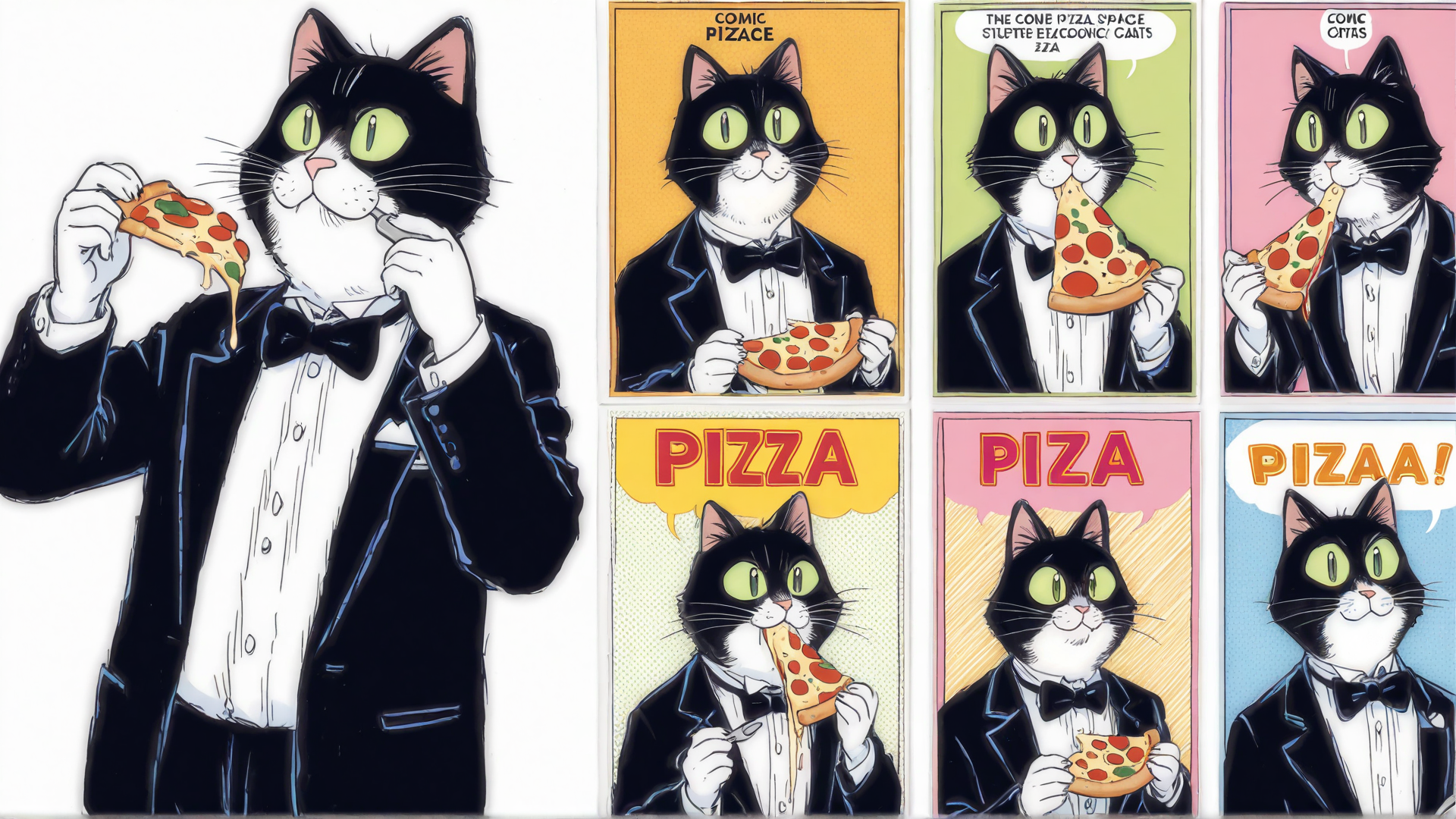 AI generated wallpaper featuring cat, pizza, tuxedo