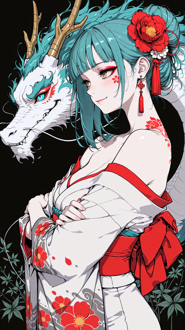 AI generated wallpaper featuring girl, dragon, kimono, flower, antlers
