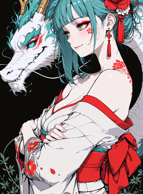 girl, dragon, kimono, flower, antlers